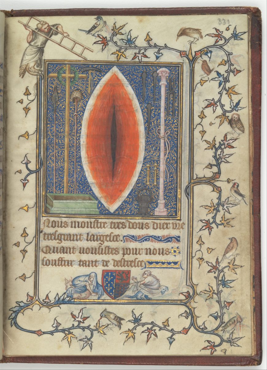 Jean le Noir, Bourgot (?), and workshop, Miniature of Christ’s Side Wound and Instruments of the Passion, the Prayer Book of Bonne of Luxembourg, before 1349 (The Cloisters Collection 69.86, fol. 331r.)