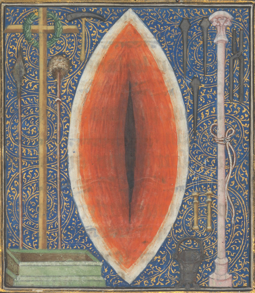 Jean le Noir, Bourgot (?), and workshop, Miniature of Christ’s Side Wound and Instruments of the Passion, detail, the Prayer Book of Bonne of Luxembourg, before 1349 (The Cloisters Collection 69.86, fol. 331r.)