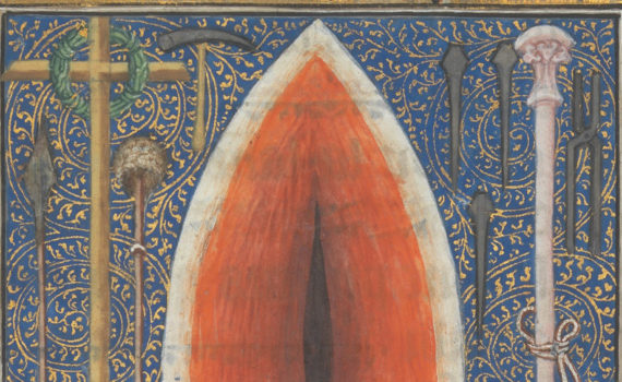 Jean le Noir, Bourgot (?), and workshop, Miniature of Christ’s Side Wound and Instruments of the Passion, folio 331r, in the Prayer Book of Bonne of Luxembourg, before 1349 (The Cloisters Collection)