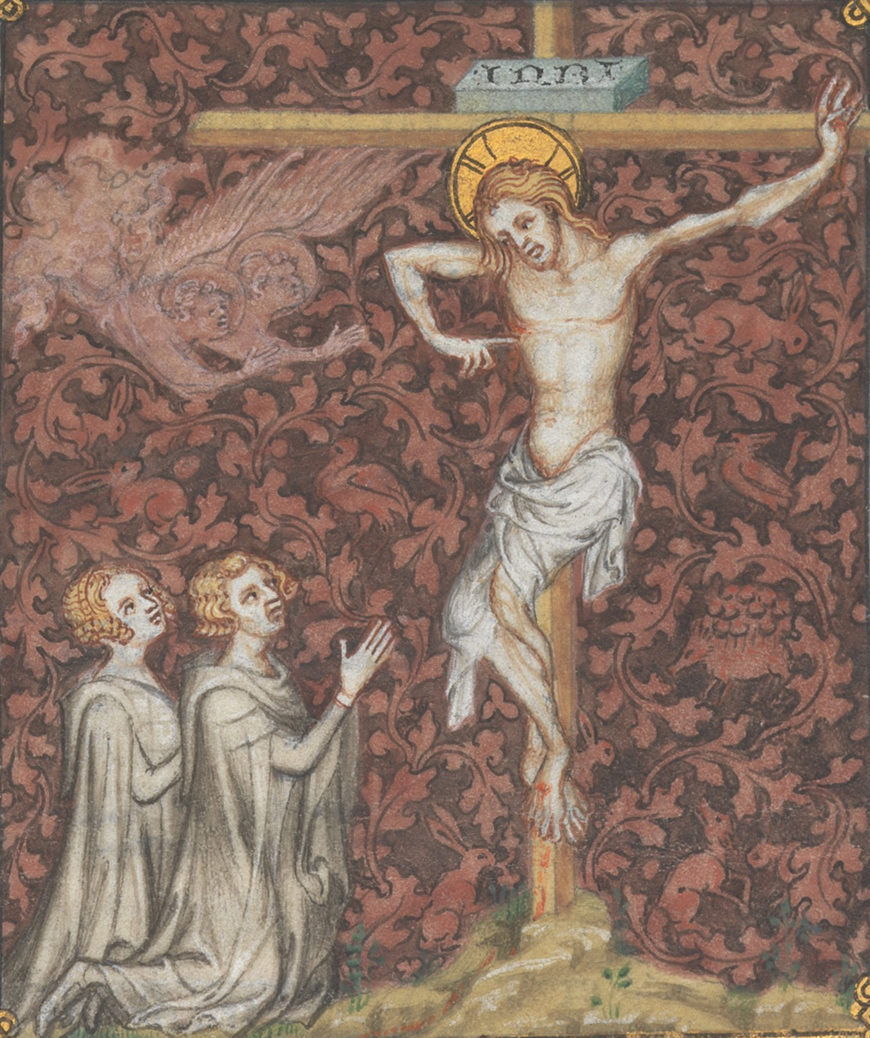 Jean le Noir, Bourgot (?), and workshop, miniature of the Crucifixion with Christ displaying his side wound to Bonne of Luxembourg and John, Duke of Normandy, detail. The Prayer Book of Bonne of Luxembourg, before 1349 (The Cloisters Collection 69.86, fol. 328r.)