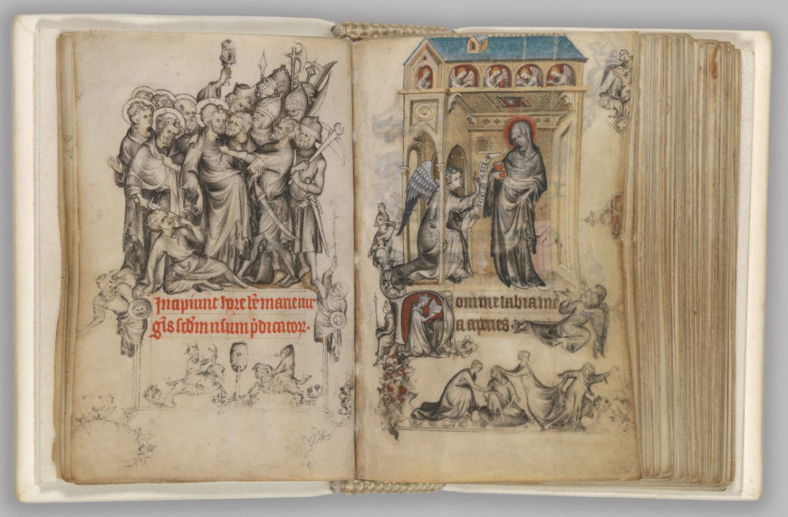 Jean Pucelle, opening pages showing the Arrest of Christ, the Annunciation, Queen Jeanne d’Evreux in prayer, and erotic games in the margins. The Hours of Jeanne d’Evreux, c. 1324-1328 (The Cloisters Collection 54.1.2, fols. 15v-16r.)