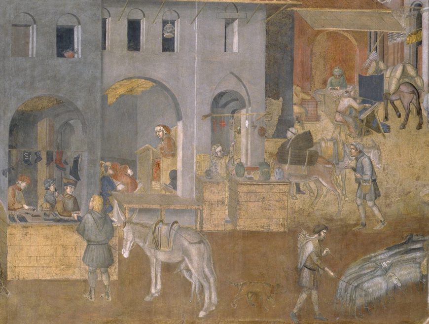 Men conducting business in Effects of Good Government in the City (detail), Ambrogio Lorenzetti, 1338 (Palazzo Pubblico, Siena)