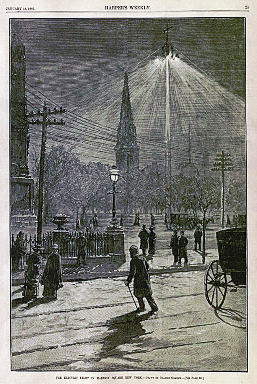 Charles Graham, “The Electric Light in Madison Square, New York,” an illustration in Harper’s Weekly, January 14, 1882 (photo: public domain)