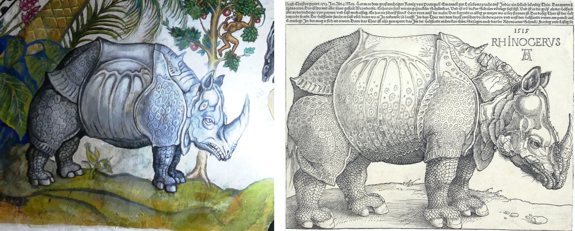 Left: Murals in the House of the Scribe, detail of the rhinoceros (photo: Stefanrevollo, CC BY-SA 4.0). Right: Albrecht Dürer, Rhinoceros, 1515.