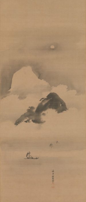 Kanō Tan’yū, Landscape in Moonlight, after 1662, one of a triptych of hanging scrolls, ink on silk, bearing the signature “Hōin Tan’yū”, referring to the painter’s honorific title Hōin (“Seal of the Buddhist Law”), 100.6 x 42.5 cm (Metropolitan Museum of Art) 