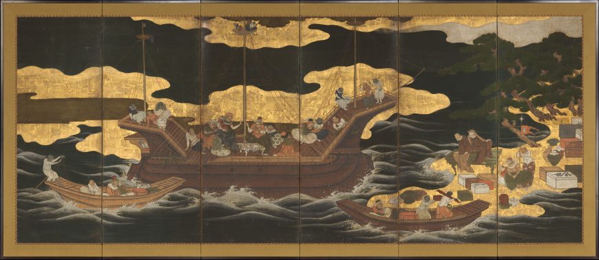 Nanban folding screen (one of a pair), Arrival of the Europeans, first quarter of the 17th century, ink, color, and gold on paper, 105.1 × 260.7 cm (Metropolitan Museum of Art)