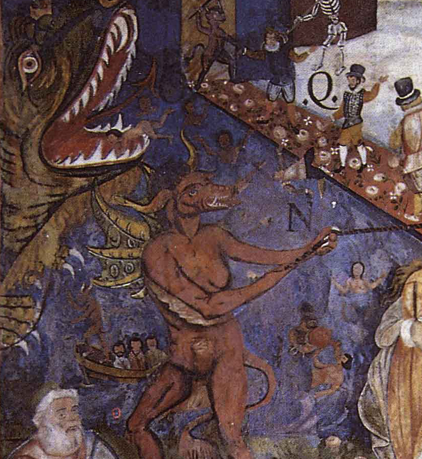 Luis de Riaño and indigenous collaborators, The Paths to Heaven and Hell, detail of indigenous figures behind the Devil,, c. 1626