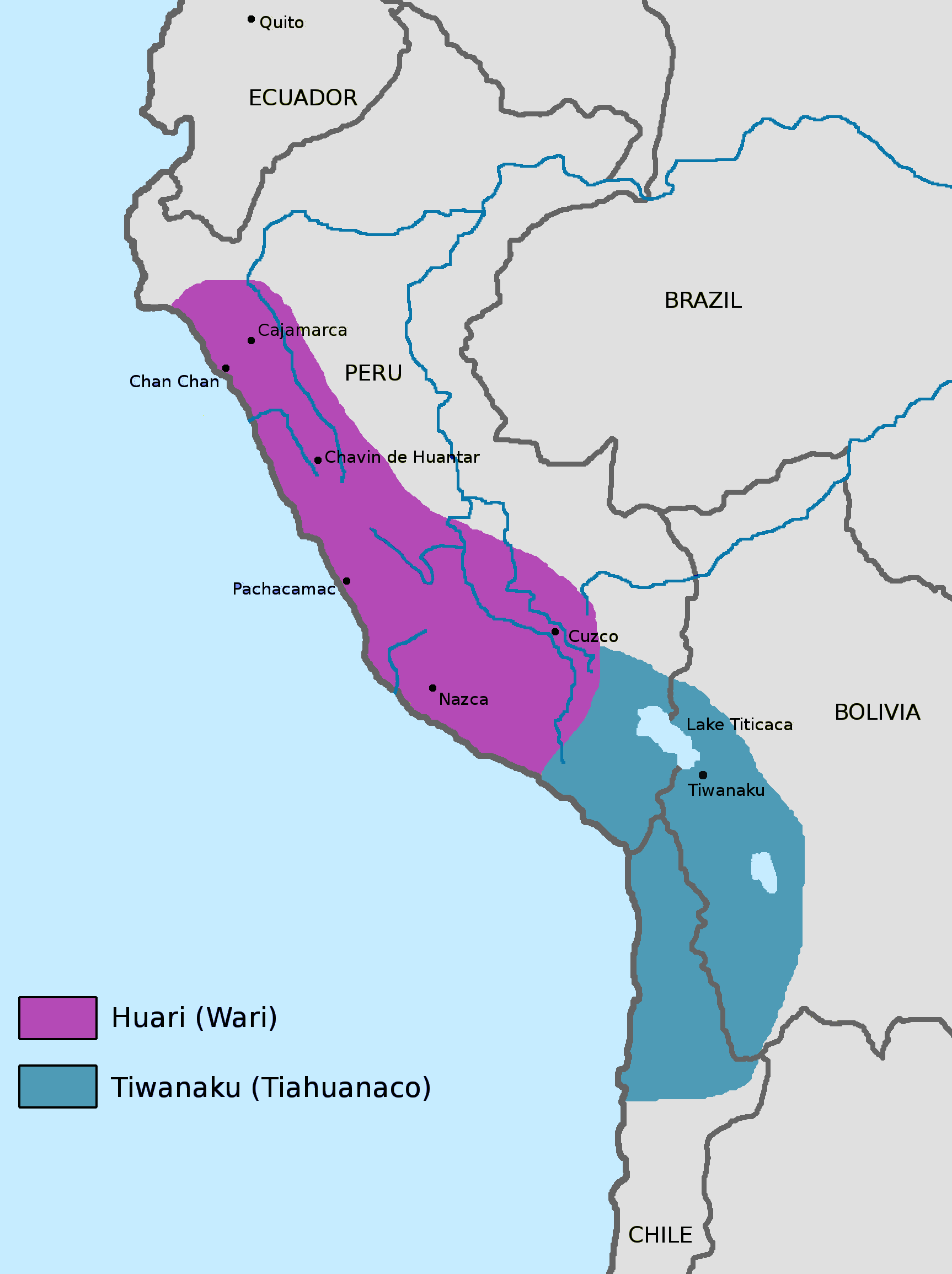 Map of Tiwanaku and Wari civilizations, South America. Wari civilization dates to the 6th–11th century, flourishing about the same time as Tiwanaku (image: Zenyu)