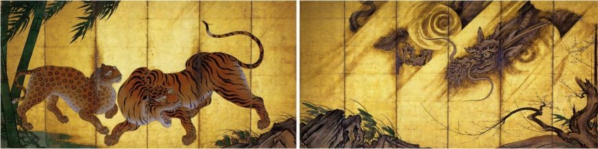 Kano Sanraku, Dragon and Tiger, early Edo period, 17th century, pair of folding screens, color and gold on paper, 178 x 357 cm each (Myoshinji temple, Kyoto, image: Wikimedia Commons) 