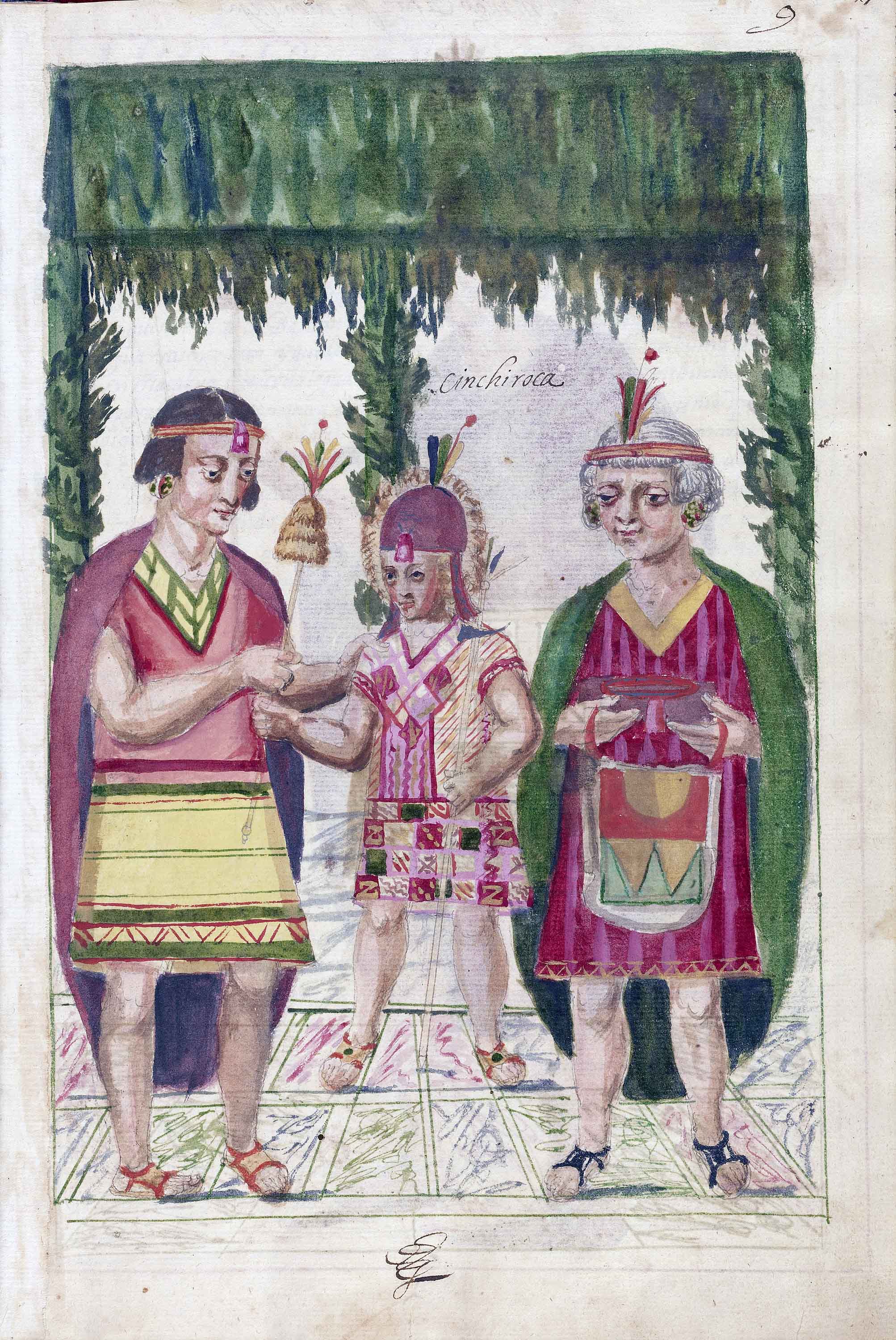 Inka ruler, in Martín de Murúa's <em>Historia general del Piru</em>, completed in 1616, Pen and ink and colored washes on paper bound between pasteboard covered with morocco leather Leaf: 28.9 × 20 cm (11 3/8 × 7 7/8 in.), Ms. Ludwig XIII 16 (83.MP.159) (The J. Paul Getty Museum, Los Angeles)