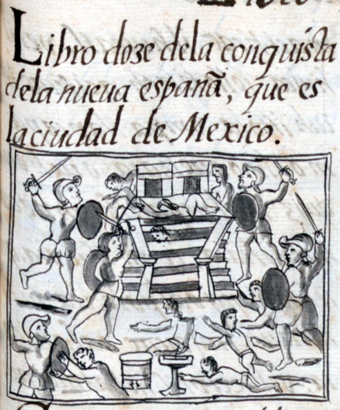 Toxcatl Massacre, Bernardino de Sahagún and collaborators, General History of the Things of New Spain, also called the Florentine Codex, vol. 3, book. 12, 1575–1577, watercolor, paper, contemporary vellum Spanish binding, open (approx.): 32 x 43 cm, closed (approx.): 32 x 22 x 5 cm (Medicea Laurenziana Library, Florence, Italy)