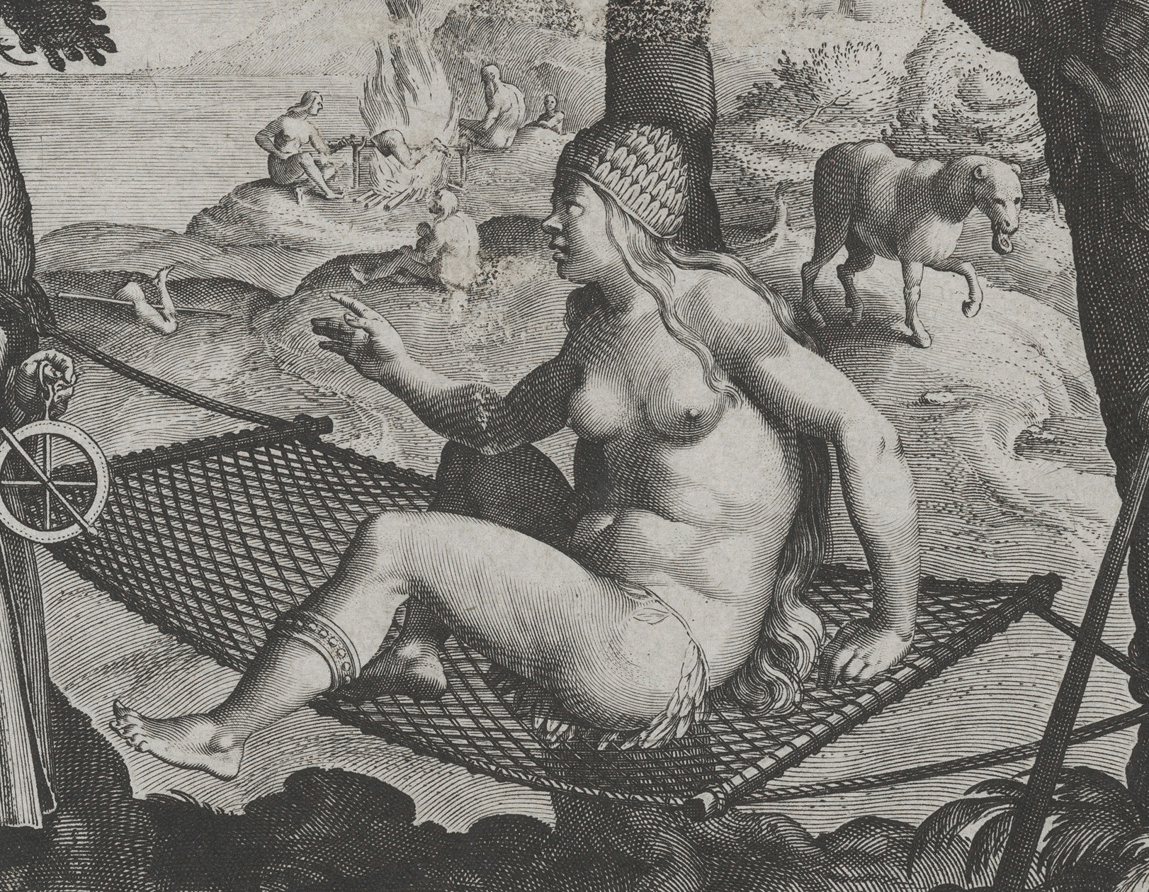 Theodoor Galle (after Johannes Stradanus) "The Discovery of America," detail of America, from Nova Reperta, c. 1600, engraving, published by Philips Galle, 27 x 20 cm (The Metropolitan Museum of Art)