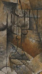 Georges Braque, Still Life with Clarinet (Bottle and Clarinet), detail of glass in upper right quadrant 1911, oil on canvas, 64.8 x 50.2 cm (The Metropolitan Museum of Art)