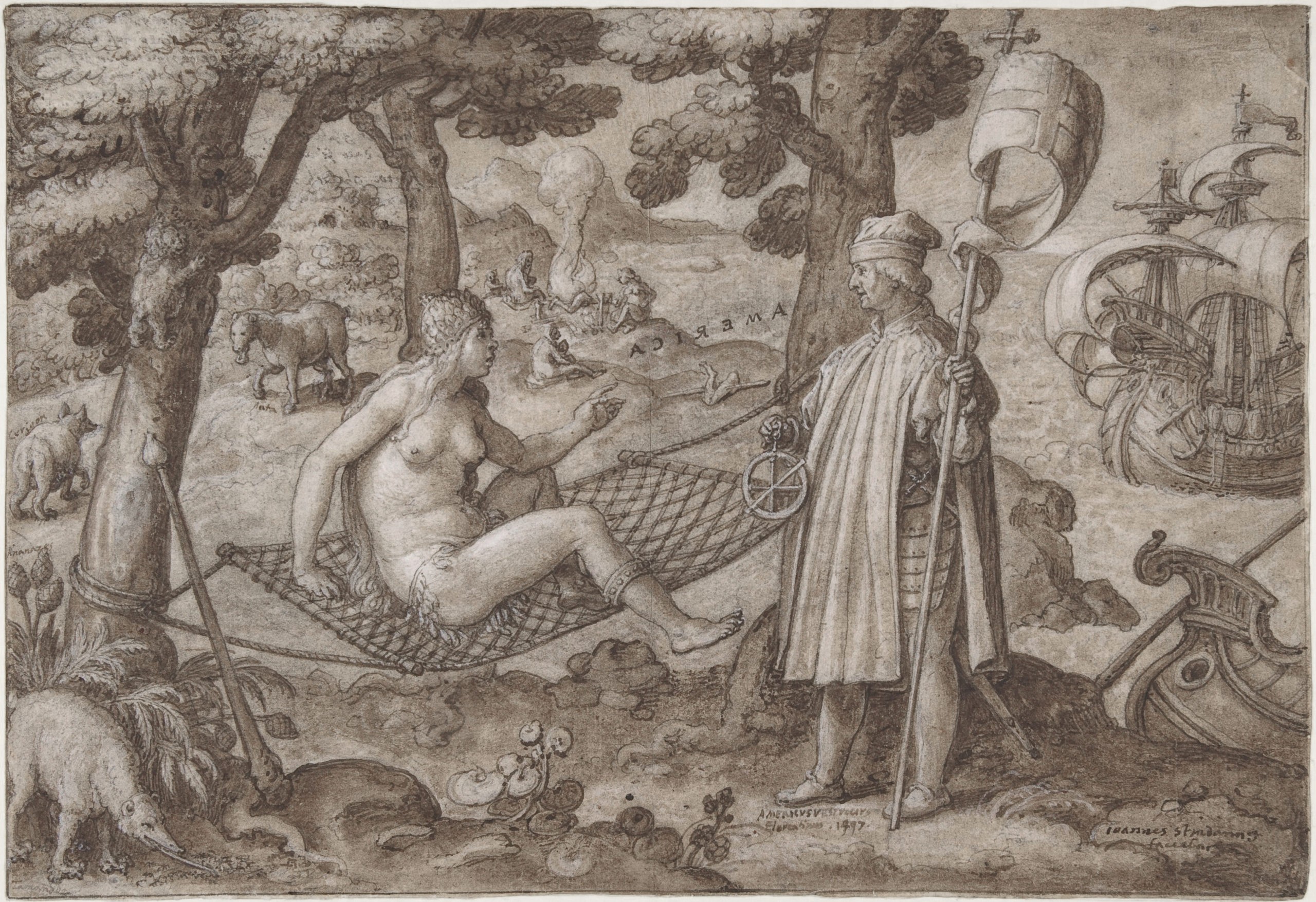 Johannes Stradanus (Jan van der Straet), "The Discovery of America," c. 1587–89, Pen and brown ink, brown wash, heightened with white, over black chalk, 19 x 26.9 cm (<a href="http://www.metmuseum.org/art/collection/search/343845">The Metropolitan Museum of Art</a>)