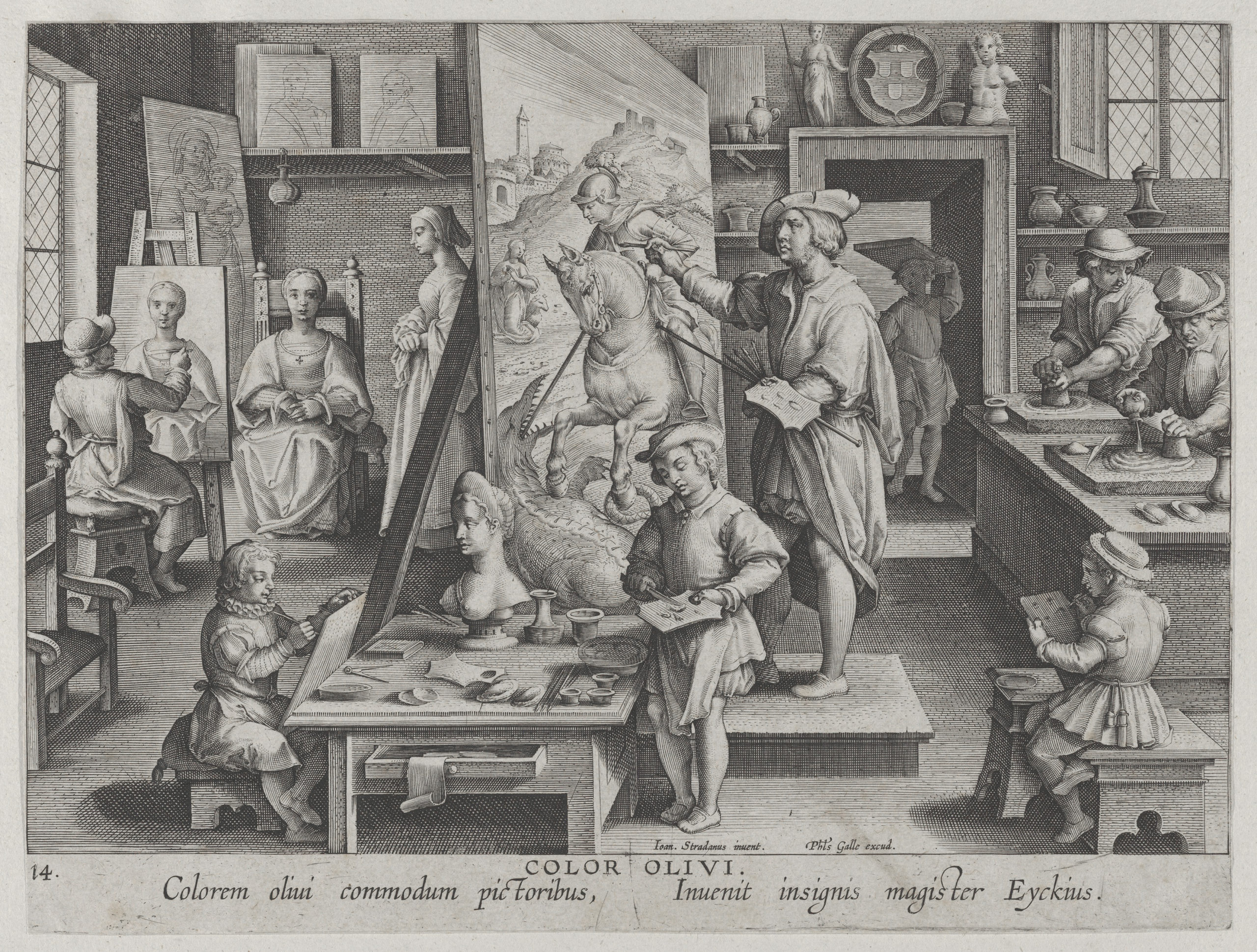 Jan Collaert I (after Stradanus), "Color Olivi" (or The invention of oil painting), c. 1600, engraving, in <em>Nova Reperta</em>, published by Philips Galle (<a href="http://www.metmuseum.org/art/collection/search/659725">The Metropolitan Museum of Art</a>)