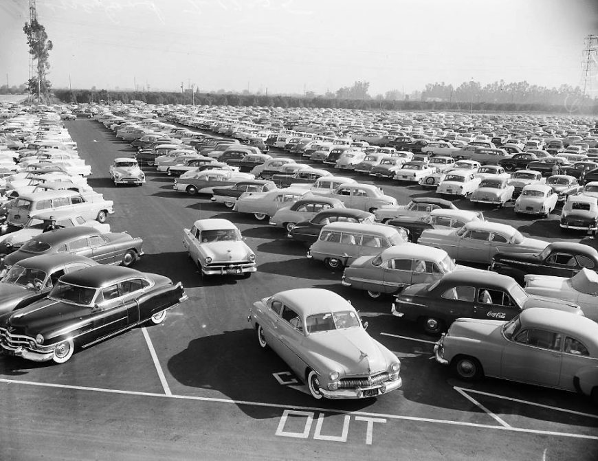 The Disneyland parking lot on opening day, 1955 (University of Southern California, Los Angeles Examiner Photographs Collection, 1920-1961)