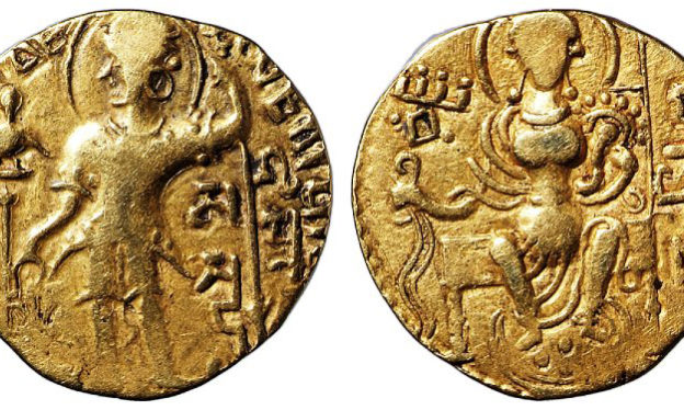 Coin showing the ruler Samudragupta (left) and a goddess (right), 330 - 376 C.E., gold (The British Museum)