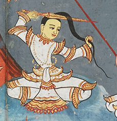 Prince Siddhattha cuts his long hair at Anoma River and renounces worldly life. Burma, 19th century, detail. Or 4762, ff. 9–10 (British Library)