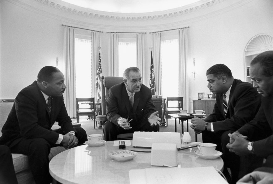 President Lyndon B. Johnson with Civil Rights leaders Martin Luther King, Jr., Whitney Young, and James Farmer, 1964 (Lyndon B. Johnson Library and Museum)