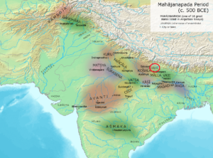 Map of India c. 500 B.C.E. with the Sakyan republic circled in red (map: Avantiputra7, CC BY-SA 3.0)