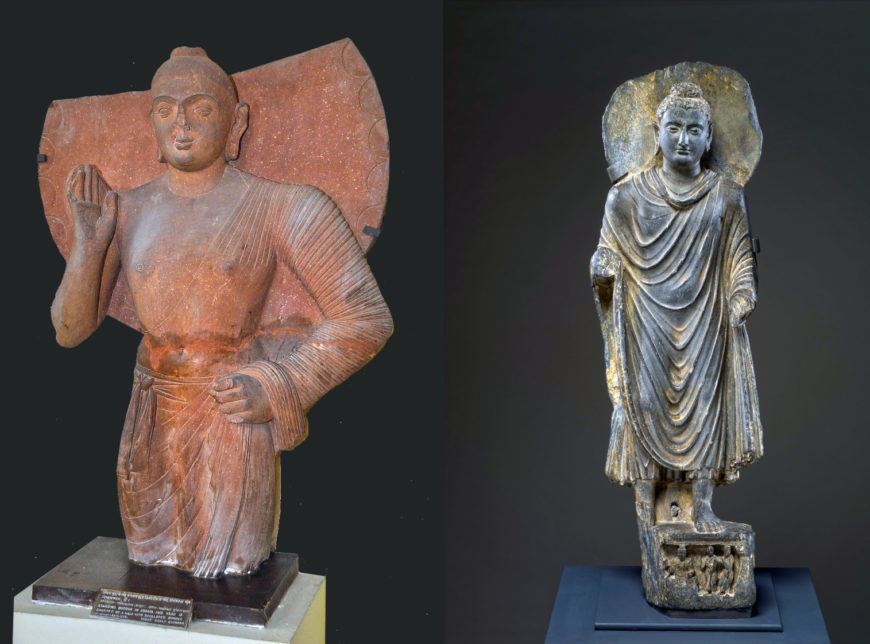 Left: Standing Buddha, c. 2nd - 3rd century, Mathura style, Government Museum Mathura (photo: Biswarup Ganguly, CC BY-3.0); Right: Buddha, possibly from Takht-i-bahi monastery, 3rd century, Gandhara style, Metropolitan Museum of Art 