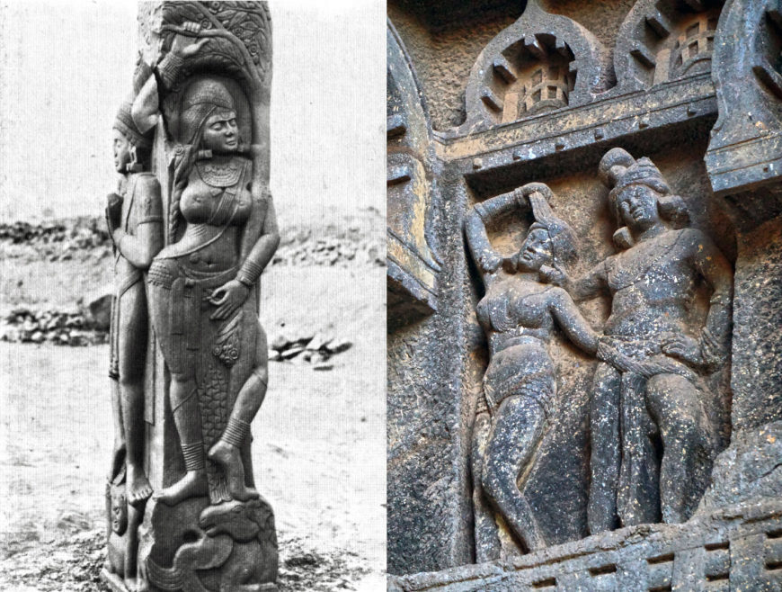 Left: Yakshi at Bharhut stupa, 1st c. BCE, Madhya Pradesh (photo: public domain). Right: Mithuna, Karle Caves, Maharashtra, 2nd c. (photo: Photo Dharma, CC BY-2.0).