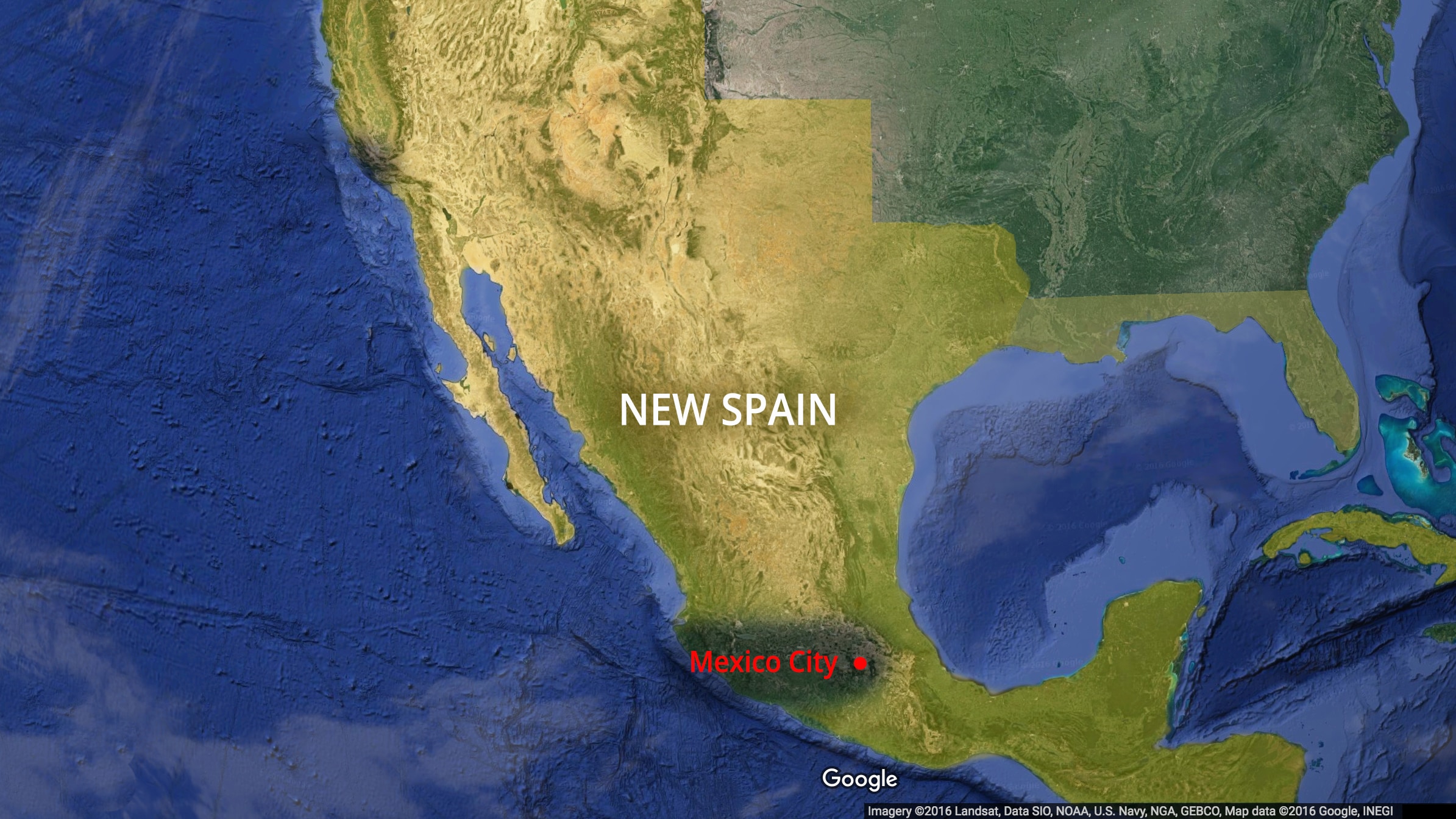 Map of New Spain. Note that at its height, the Viceroyalty of New Spain also included Central America, parts of the West Indies, the southwestern and central United States, Florida, and the Philippines.