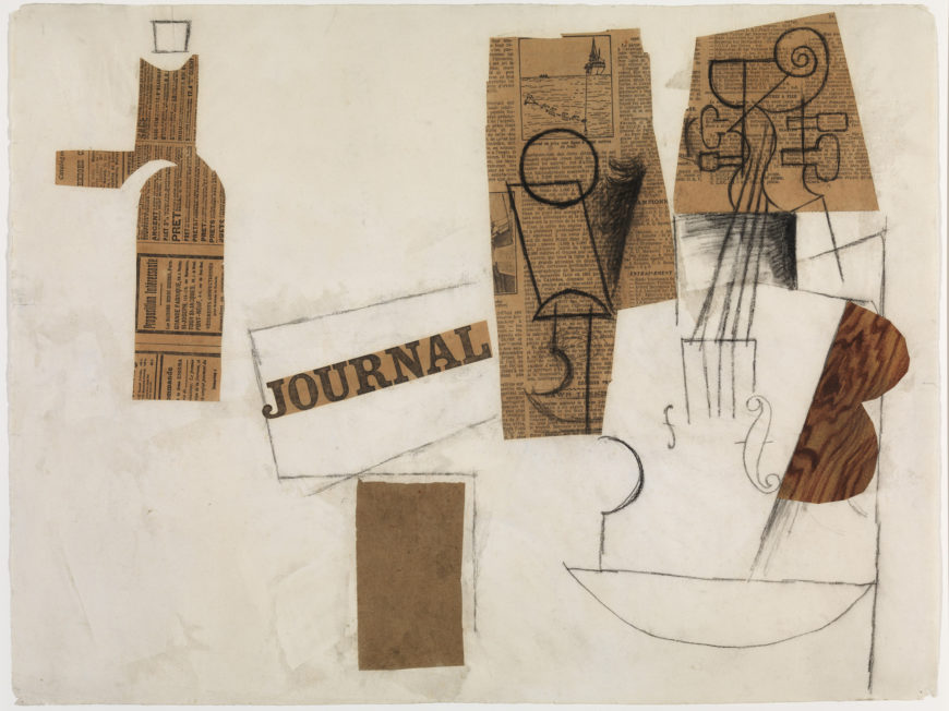 Pablo Picasso, Siphon, Glass, Newspaper and Violin, 1912, paper and charcoal, 18 1/2 x 24 5/8 inches (Moderna Museet, Stockholm)