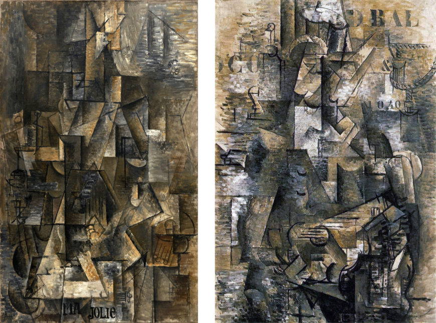 Left: Pablo Picasso, Ma Jolie, 1911–12, oil on canvas, 39 3/8 x 25 3/4 inches (MoMA);  Right: Georges Braque, The Portuguese, 1911–12, oil on canvas, 46 x 32 inches (Kunstmuseum, Basel, Switzerland)