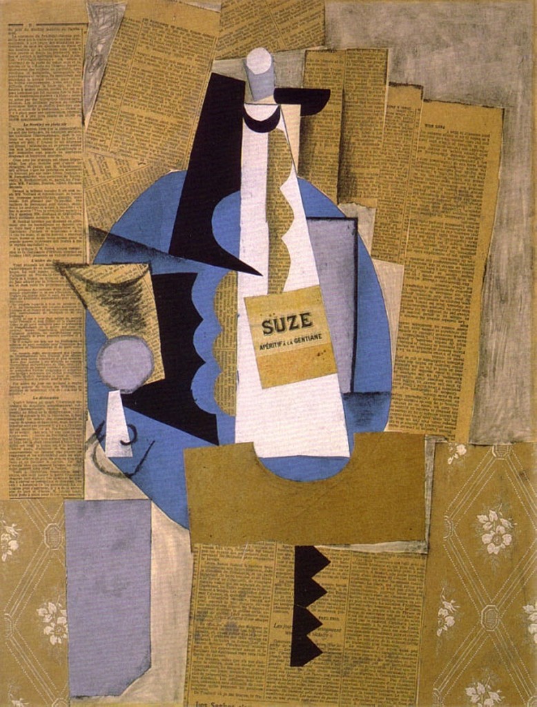 Pablo Picasso, Still Life with Bottle of Suze, 1912, pasted paper, gouache, and charcoal, 25 3/4 x 19 3/4 inches (Washington University Gallery of Art, St. Louis)