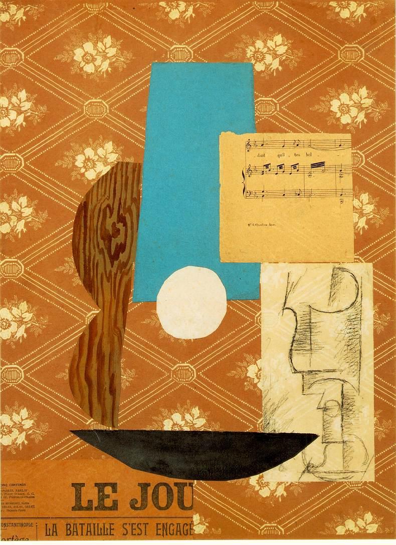 Pablo Picasso, Guitar, Sheet Music and Glass, 1912, collage and charcoal on board, 18 7/8 x 14 3/4 inches (McNay Art Museum, San Antonio, Texas)