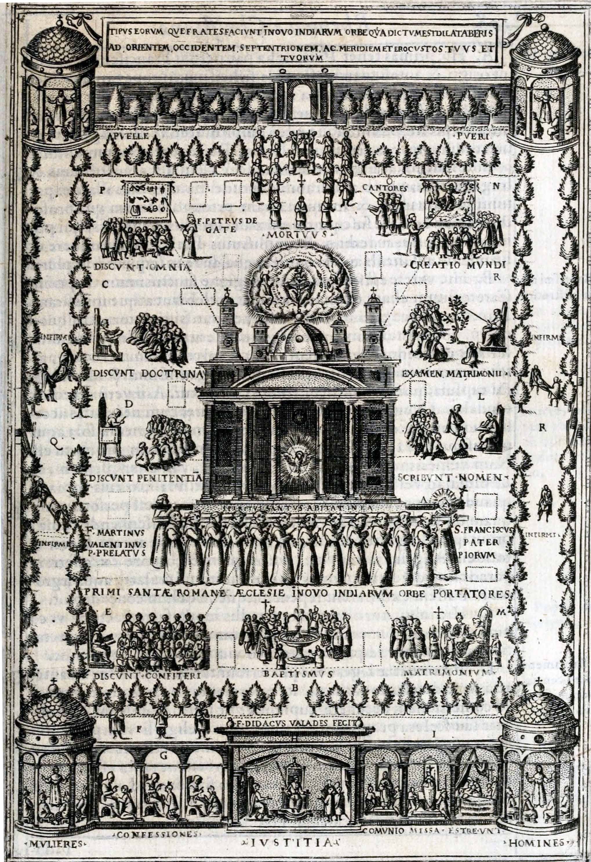 Diego Valadés, “The Ideal Atrium,” 1579, copperplate engraving, within Rhetorica Christiana ad concionandi et orandi usum accommodate […] ex Indorum maximè deprompta sunt historiis. Perugia: Petrus Jacobus Petrutius, 1579.