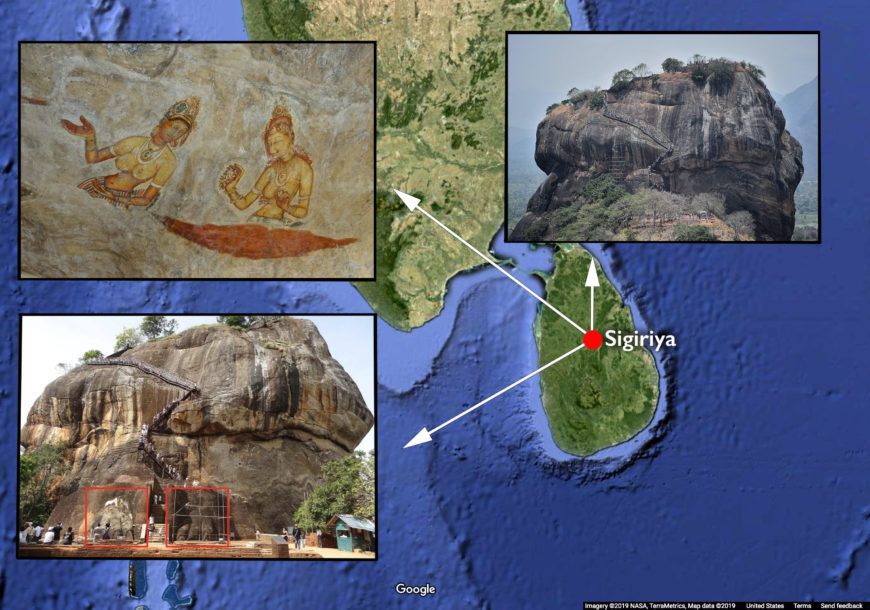 Map 6: Sigiriya, Sri Lanka, 5th century C.E.; clockwise from left: Lion gateway (Cherubino, CC BY-SA 3.0), mural painting of female figures (Brian Ralphs, CC BY-2.0), and view of the Sigiriya fortress (Teseum, CC BY-NC 2.0)