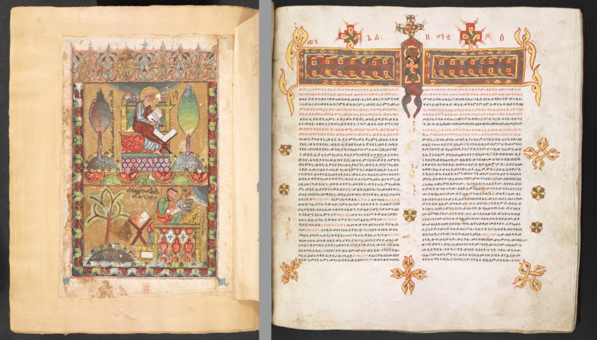 Left: A 13th-century representation from a Syriac Gospel lectionary of the Evangelists St John and St Luke writing the opening words of their Gospels (British Library). Right: The beginning of the Gospel of St Matthew, from a late 17th-century Ethiopian Octateuch and Gospel (British Library)