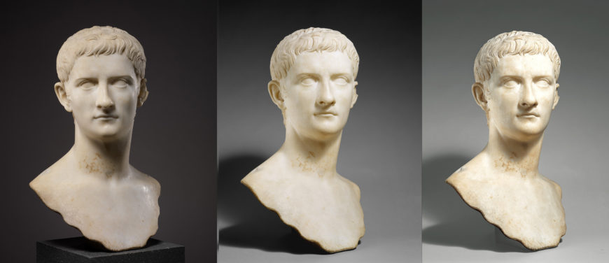 Three museum photographs of a portrait of Caligula, said to have been found near Marino, Lago Albano. Purchased by the Metropolitan Museum of Art in 1914 from Alfredo Barsanti, Rome (The Metropolitan Museum of Art)