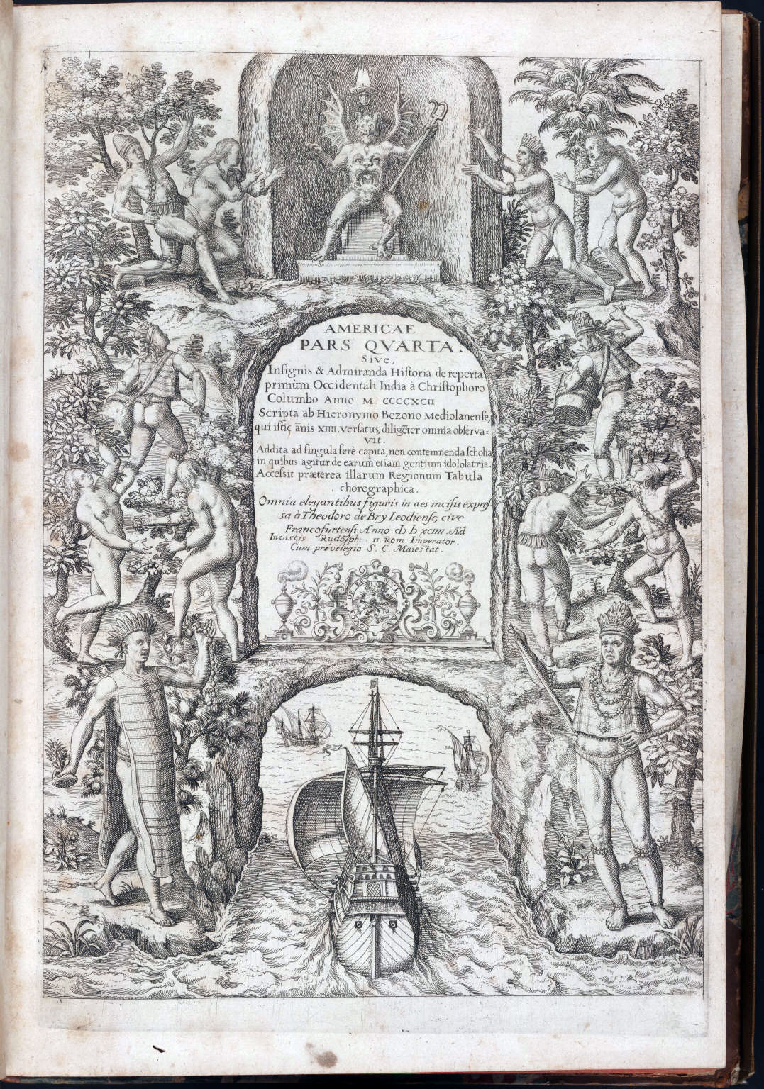 Theodor de Bry, Title page for "Historia del Mondo Nuovo," title page (text by Girolamo Benzoni), engraving. Courtesy of the Yale Collection of Western Americana, Beinecke Rare Book and Manuscript Library, Yale University, New Haven, Connecticut.
