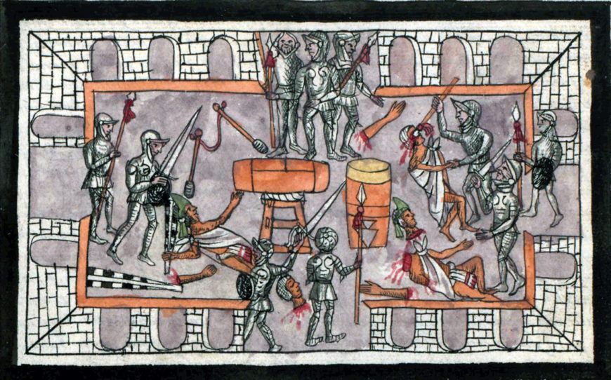 Toxcatl Massacre in Diego Durán, Historia de las Indias de Nueva España e islas de la tierra firme, 1579, fol. 211 (detail), Biblioteca Nacional de España