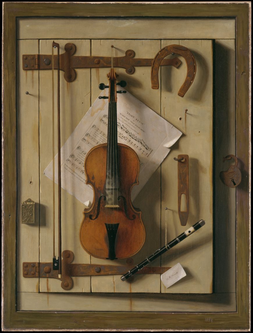 William Harnett, Still Life — Violin and Music, 1888, oil on canvas, 40 x 30 inches (The Metropolitan Museum of Art)
