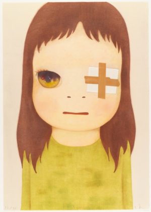 Yoshitomo Nara, Untitled (Eye Patch), 2012, woodcut with collage additions, 68.7 x 48.3 cm, Pace Editions, Inc. (The Museum of Modern Art, New York)