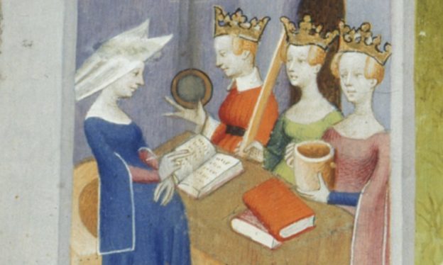 Christine de Pizan meets the three ladies and lays the foundation of the city of ladies, for The Queen's Manuscript, c. 1410–1414, f. 290r (Harley MS 4431, British Library)