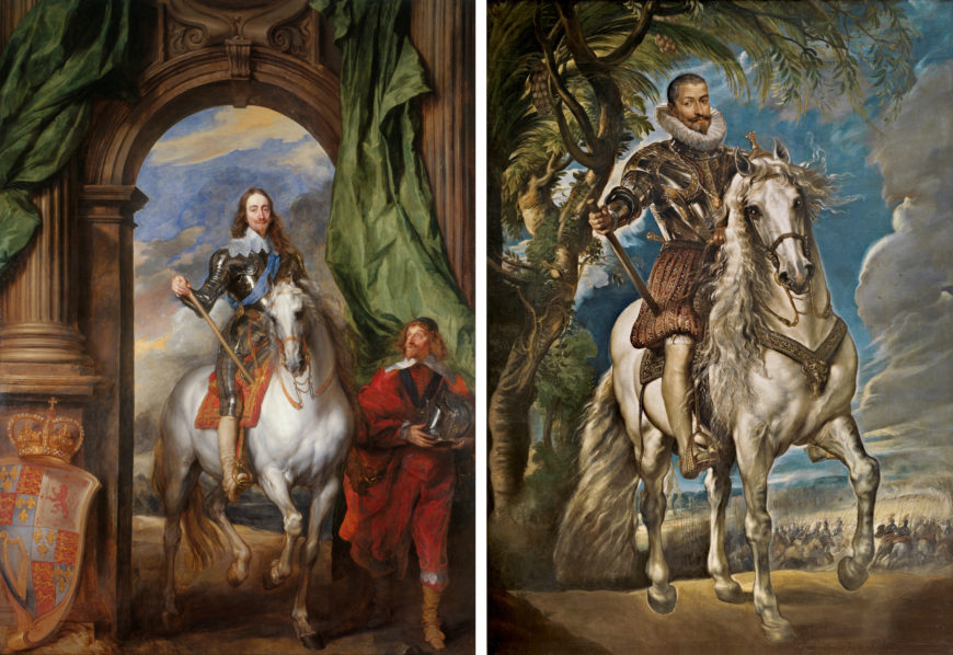 Left: Anthony van Dyck, Charles I with M. de St Antoine, 1633, oil on canvas, 370 x 270 cm (Queen’s Gallery, Windsor Castle). Right: Peter Paul Rubens, Equestrian Portrait of the Duke of Lerma, 1603, oil on canvas, 290.5 x 207.5 cm (Museo del Prado)