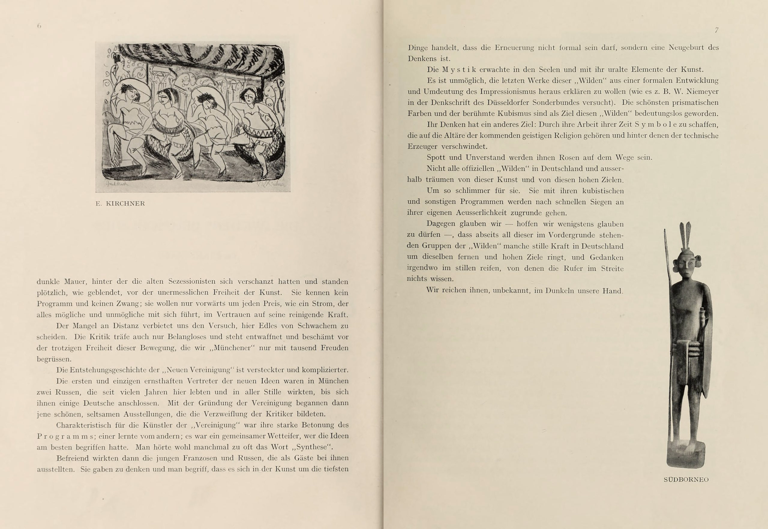 Blaue Reiter pages with Ernst Ludwig Kirchner's Four Women Dancing, 1910 and South Borneo statue, pp. 6-7