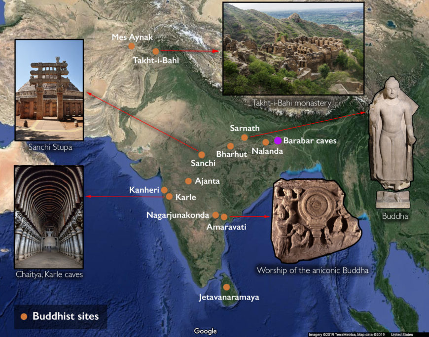 Map 4: Select Buddhist rock-cut caves, stupas, and monasteries. Clockwise from left: Rock-cut chaitya, c. 120, Karle (photo: Kevin Standage, CC BY-SA-2.0); Sanchi stupa, c. 3rd century B.C.E., Madhya Pradesh (photo: Biswarup Ganguly, CC BY-3.0); Takht-i-Bahi Buddhist monastery, 2nd century (photo: Asif Nawaz, CC BY-SA-3.0); Buddha, 5th c, sandstone, Sarnath (The British Museum); Fragment of a dome slab showing the worship of the aniconic Buddha from Amaravati stupa, 2nd century, Andhra Pradesh (The British Museum).