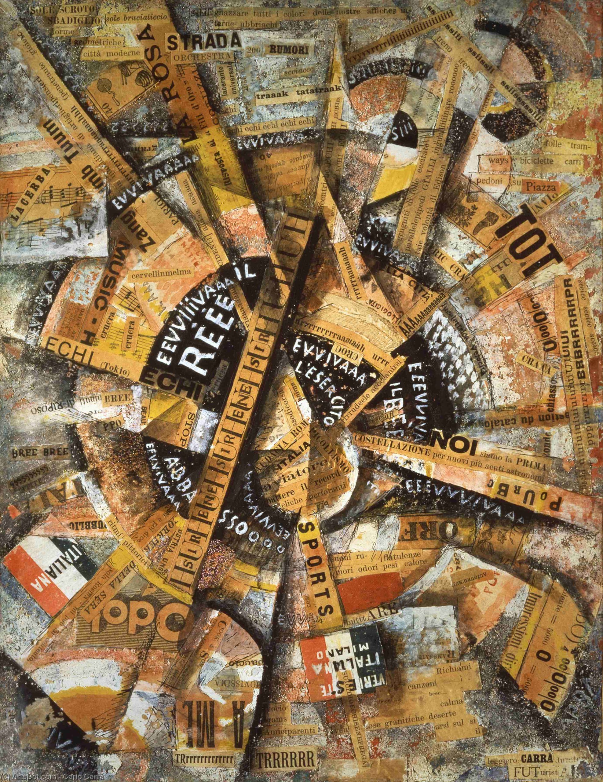 Carlo Carrà, Interventionist Demonstration (Patriotic Holiday - Free Word Painting), 1914, tempera, pen, mica powder, and collage on cardboard, 38.5 x 30 cm (Mattioli Collection, on long-term loan to Peggy Guggenheim Collection, Venice)