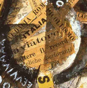 Carlo Carrà, Interventionist Demonstration (Patriotic Holiday - Free Word Painting), 1914, detail, tempera, pen, mica powder, and collage on cardboard, 38.5 x 30 cm (Mattioli Collection, on long-term loan to Peggy Guggenheim Collection, Venice)
