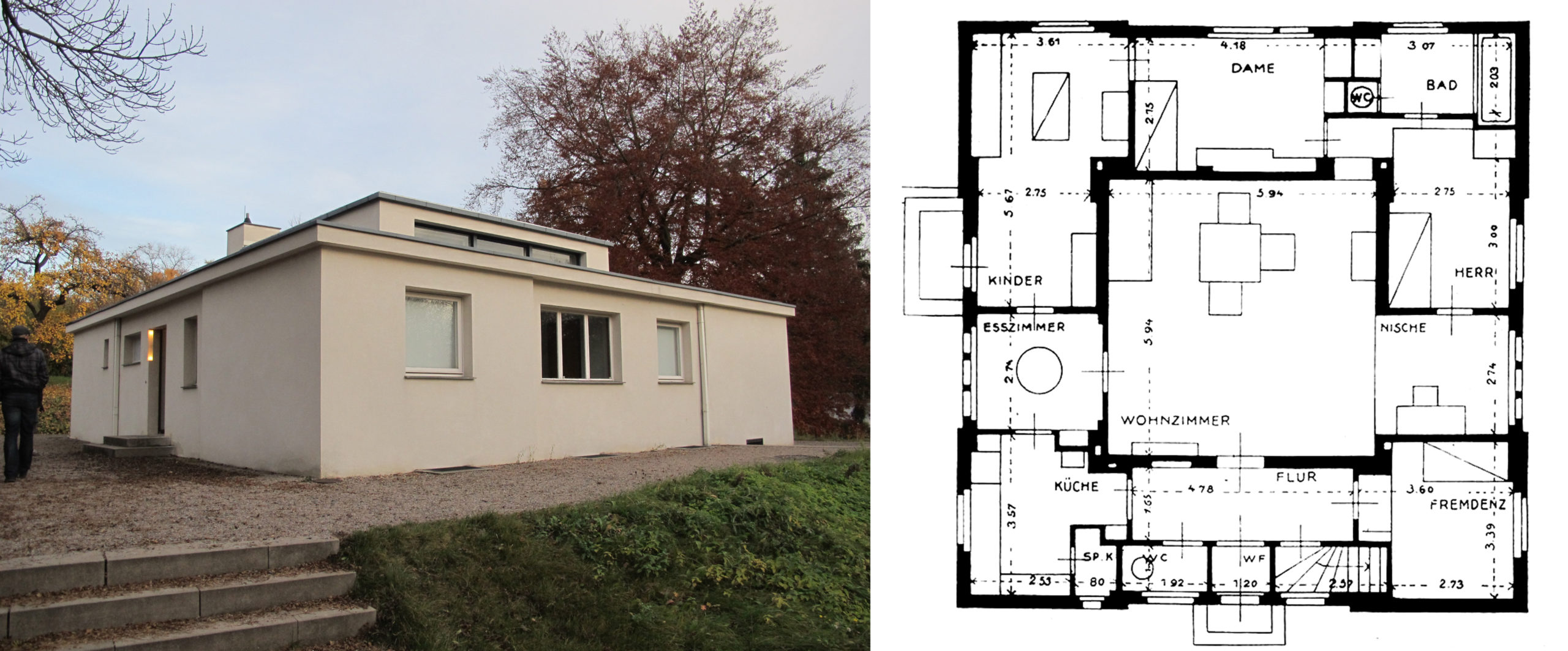 Left: Haus am Horn exterior (photo: Sailko, CC BY-SA 3.0). Right: Georg Muche, Haus am Horn plan (image: socks-studio, CC BY-SA 3.0)