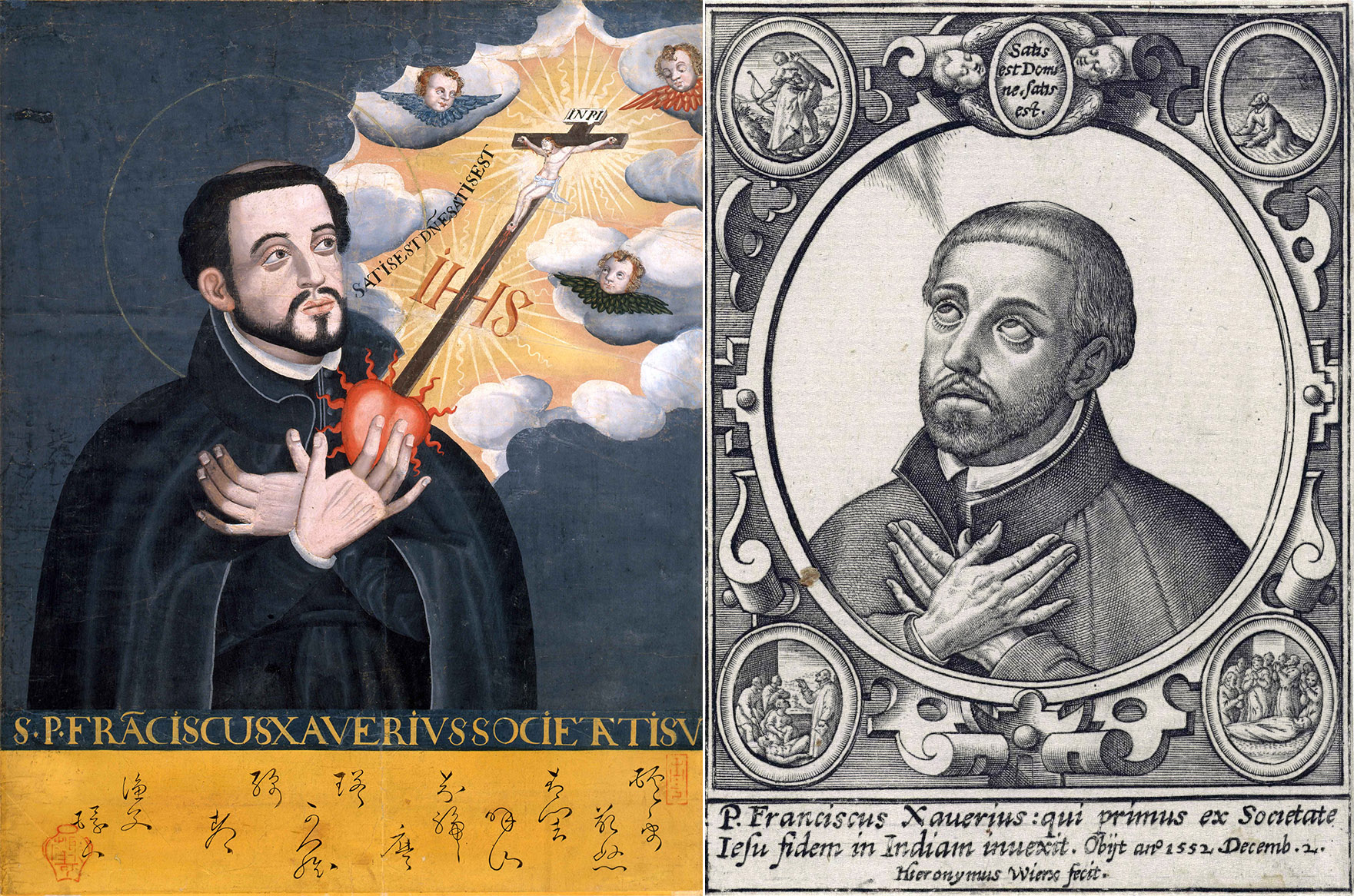 Right: Unknown Japanese painter, St. Francis Xavier, late sixteenth to early seventeenth centuries, Japanese watercolors on paper, 23.8 x 19 inches, Kobe City Museum (Photo: Wikimedia Commons). Left: Hieronymus Wierix, St. Francis Xavier, 1596, engraving, 84 mm x 61 mm (Photo: Rijksmuseum) 