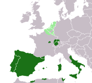 European territories under the rule of the Philip II of Spain around 1580, with the Spanish Netherlands in light green