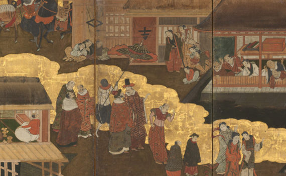 Detail of Nanban folding screen (one of a pair), Arrival of the Europeans, first quarter of the 17th century, ink, color, and gold on paper, 105.1 × 260.7 cm (The Metropolitan Museum of Art)