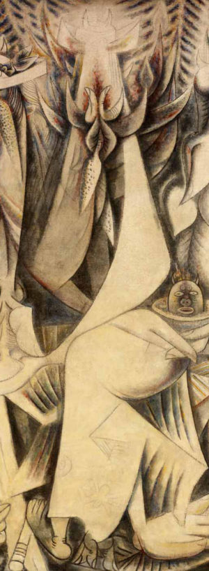 Wifredo Lam, The Eternal Presence (An Homage to Alejandro García Caturla), detail, 1944, oil and pastel over papier mâché and chalk ground on bast fiber fabric, 85 1/4 x 77 1/8 inches (Rhode Island School of Design Museum)